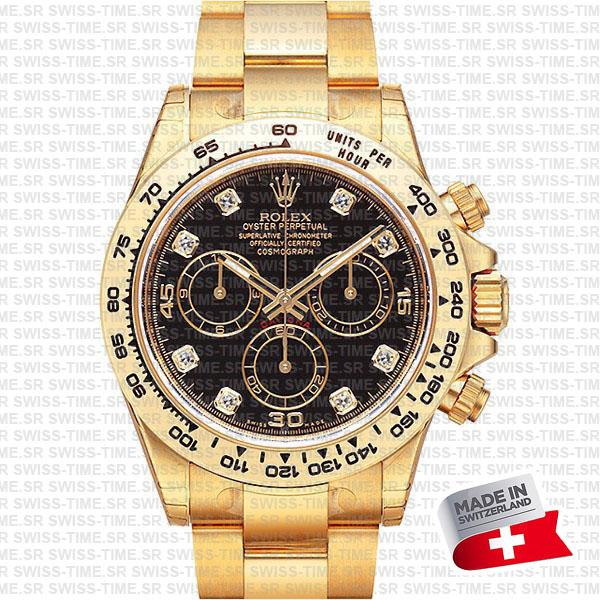 Rolex Cosmograph Daytona 18k Yellow Gold Wrapped 904L Steel Diamond Black Dial 40mm 116508 Swiss Replica Watchh