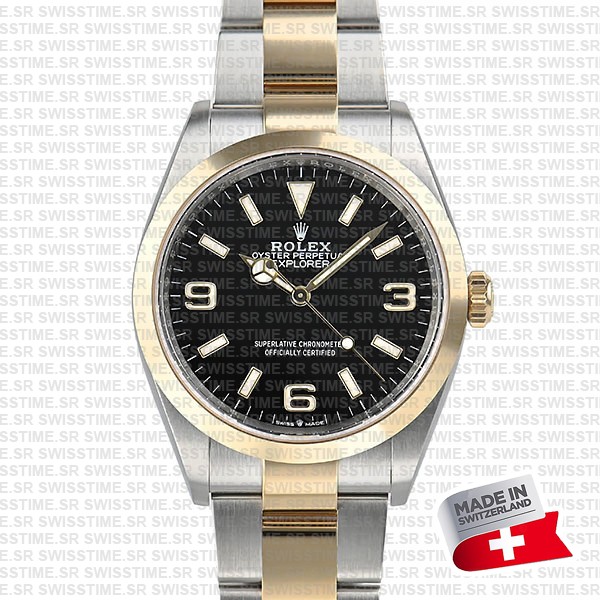 Rolex Explorer I 36mm 2-Tone Black Dial 904L Steel/ 18K Yellow Gold Swiss Replica Watch Ref:124273h