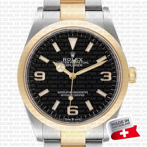 Rolex Explorer I 36mm 2-Tone Black Dial 904L Steel/ 18K Yellow Gold Swiss Replica Watch Ref:124273
