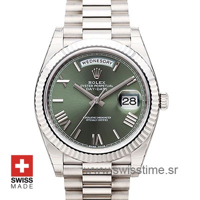 Rolex Day-Date 40 White Gold Olive Green Roman