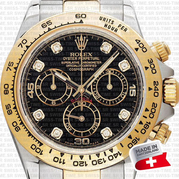 Rolex Cosmograph Daytona 2tone 18k Yellow Gold/904L Steel Black Diamond Dial 40mm 116503 Swiss Replica Watch