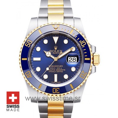 Rolex Submariner 2Tone Real Gold Wrap on 904L Stainless Steel Blue Ceramich