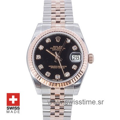 Rolex Datejust 31mm Black Dial Diamond Markers 18k Rose Gold 2-Tone Jubilee Band